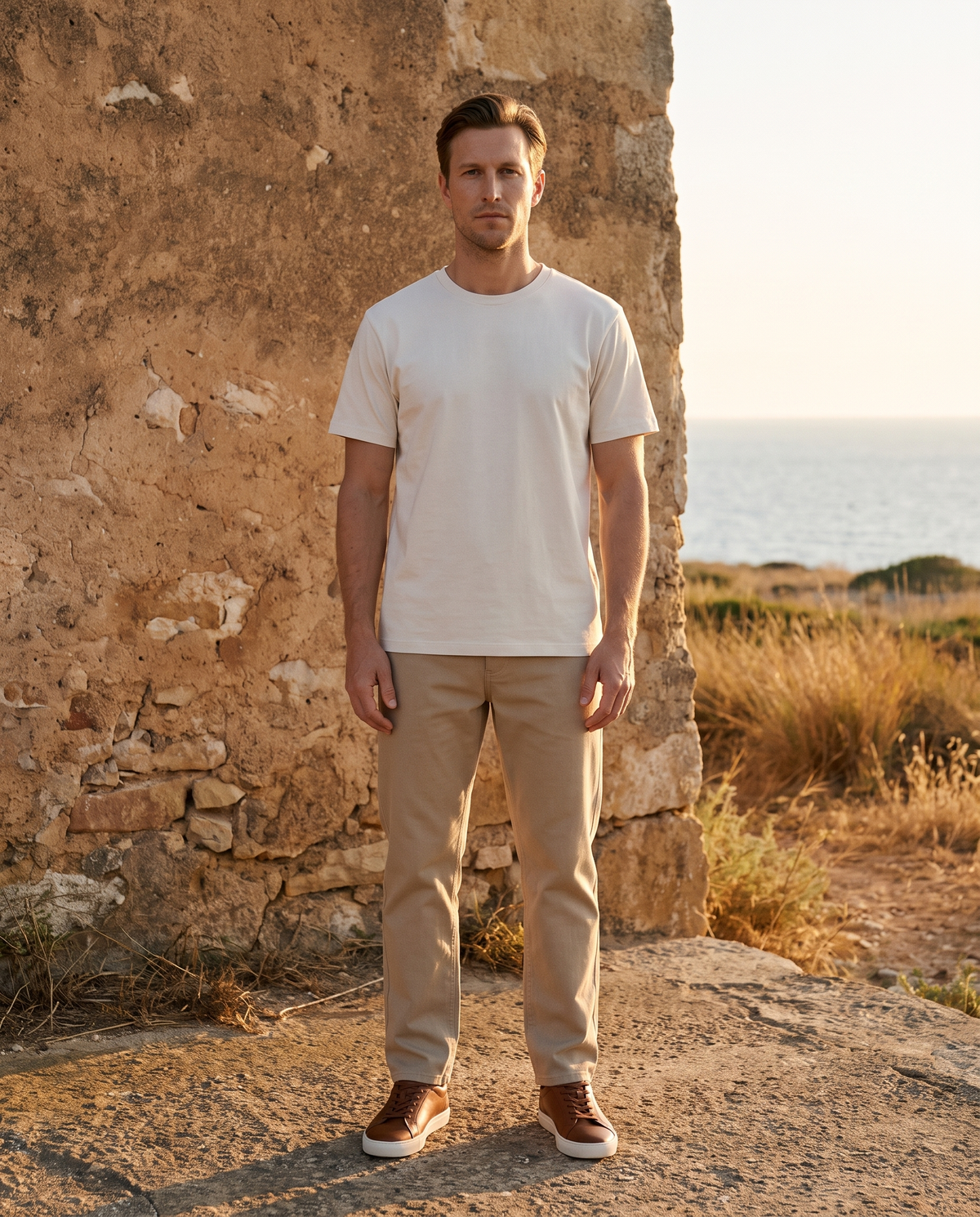 EAZEN Essential Tee - Off White - Model Thijs Outdoor Full Body