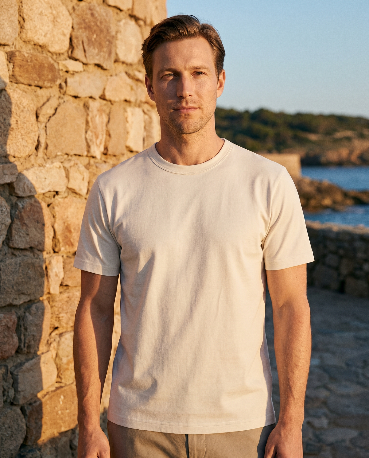 EAZEN Essential Tee - Off White - Model Thijs Outdoor Upper Body