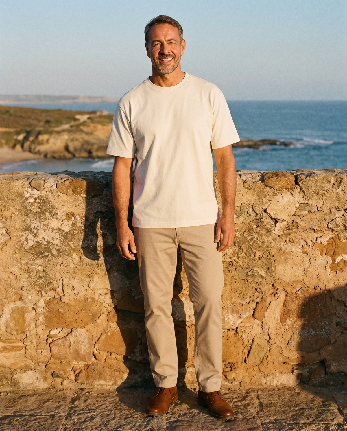 EAZEN Essential Tee - Off White - Model Man-1 Outdoor Full Body