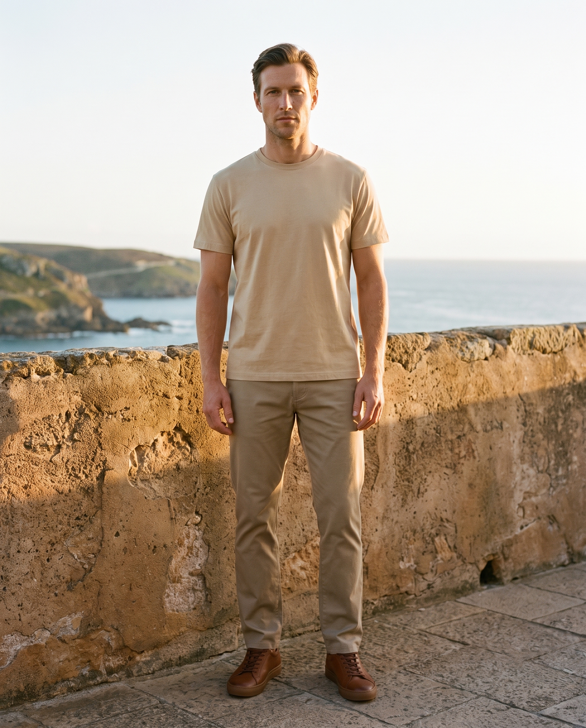 EAZEN Essential Tee - Sand - Model Thijs Outdoor Full Body