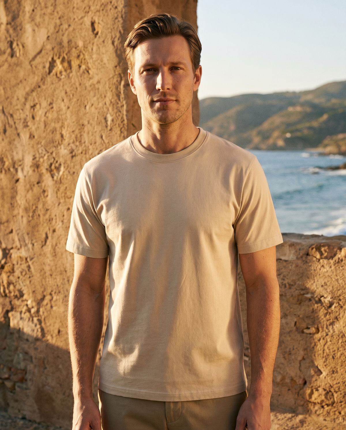EAZEN Essential Tee - Sand - Model Thijs Outdoor Upper Body