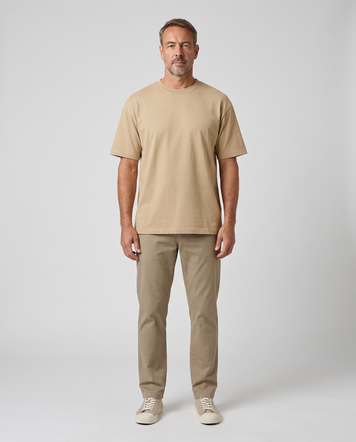 EAZEN Essential Tee - Sand - Model Man-1 Studio Front