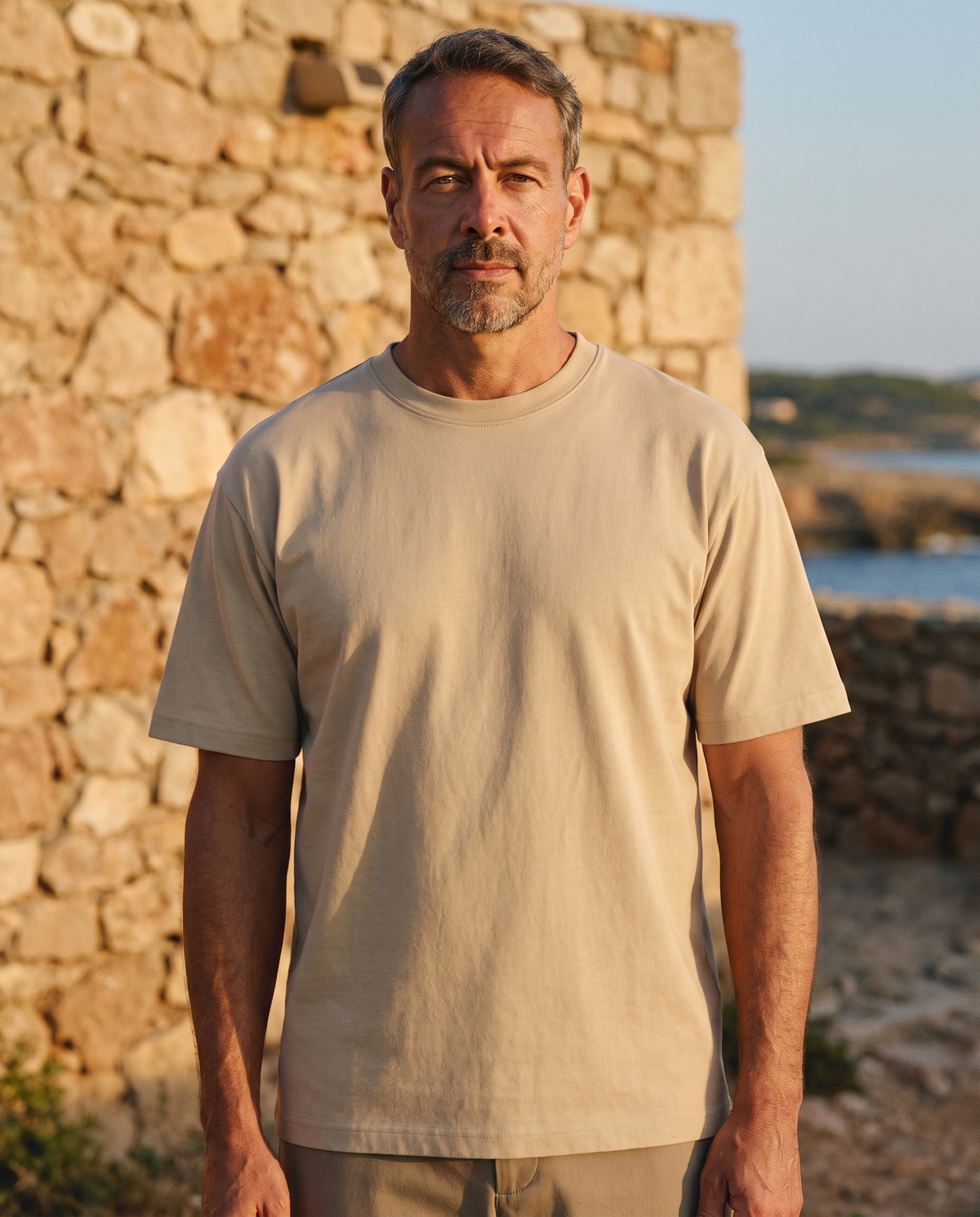 EAZEN Essential Tee - Sand - Model Man-1 Outdoor Upper Body