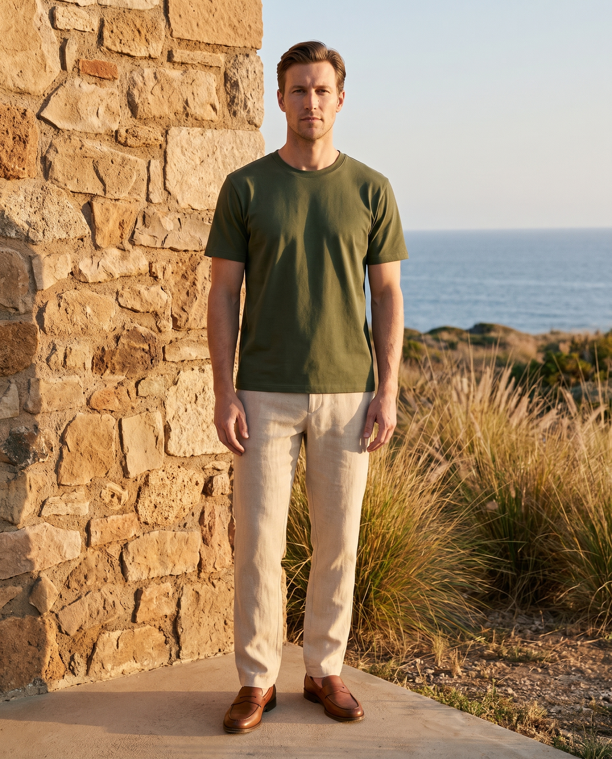 EAZEN Essential Tee - Olive - Model Thijs Outdoor Full Body