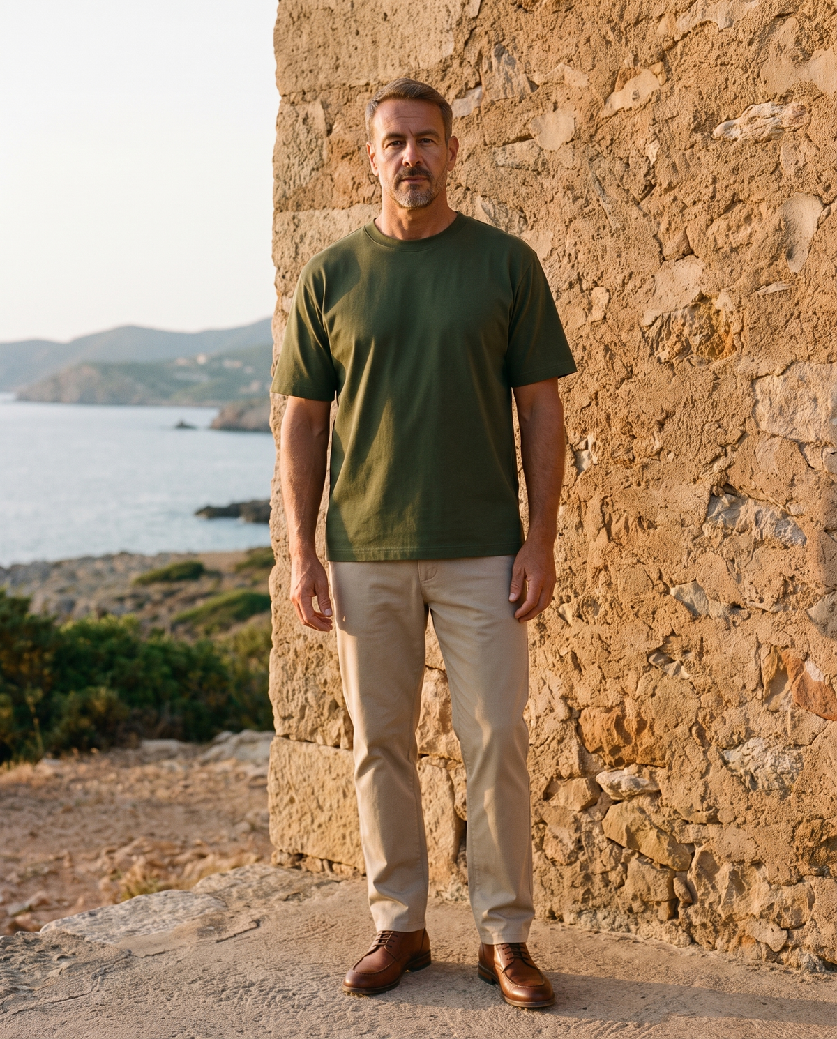 EAZEN Essential Tee - Olive - Model Man-1 Outdoor Full Body