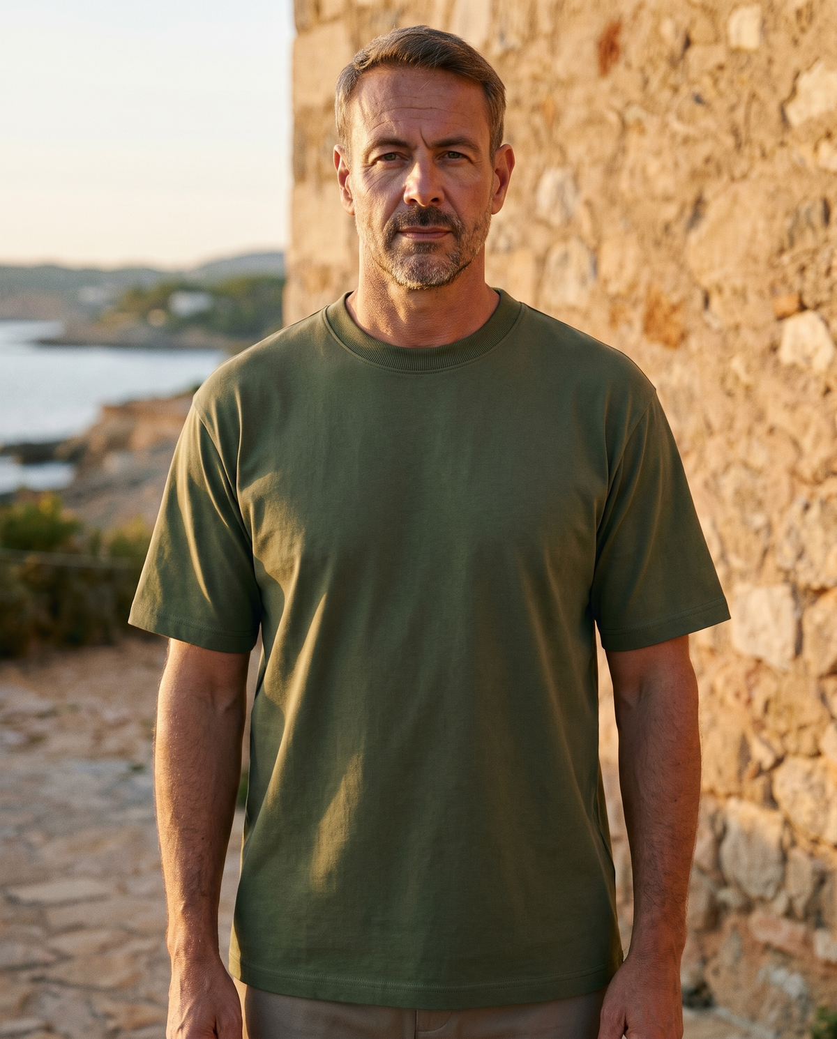 EAZEN Essential Tee - Olive - Model Man-1 Outdoor Upper Body