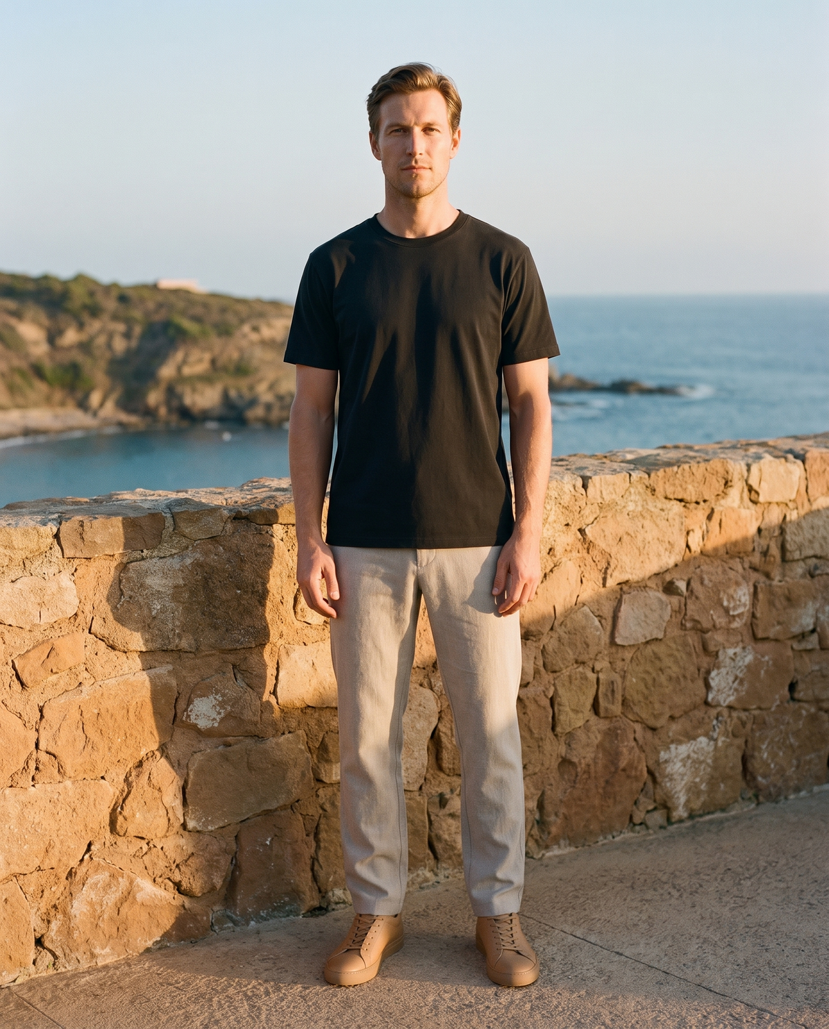 EAZEN Essential Tee - Washed Black - Model Thijs Outdoor Full Body