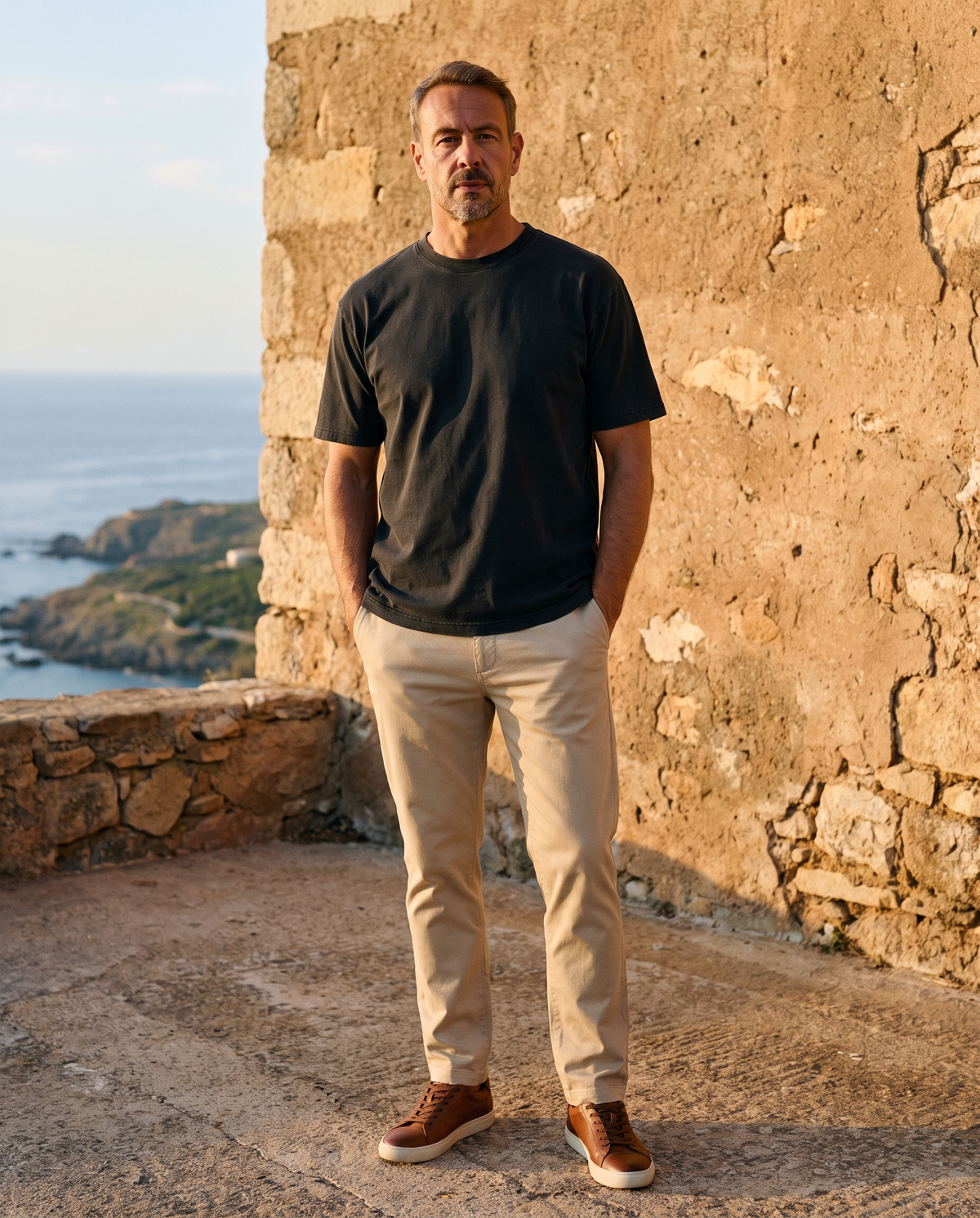 EAZEN Essential Tee - Washed Black - Model Man-1 Outdoor Full Body