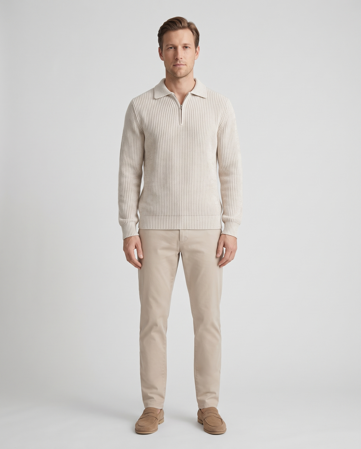 EAZEN Halfzip Polo - Off White - Model Thijs Studio Front
