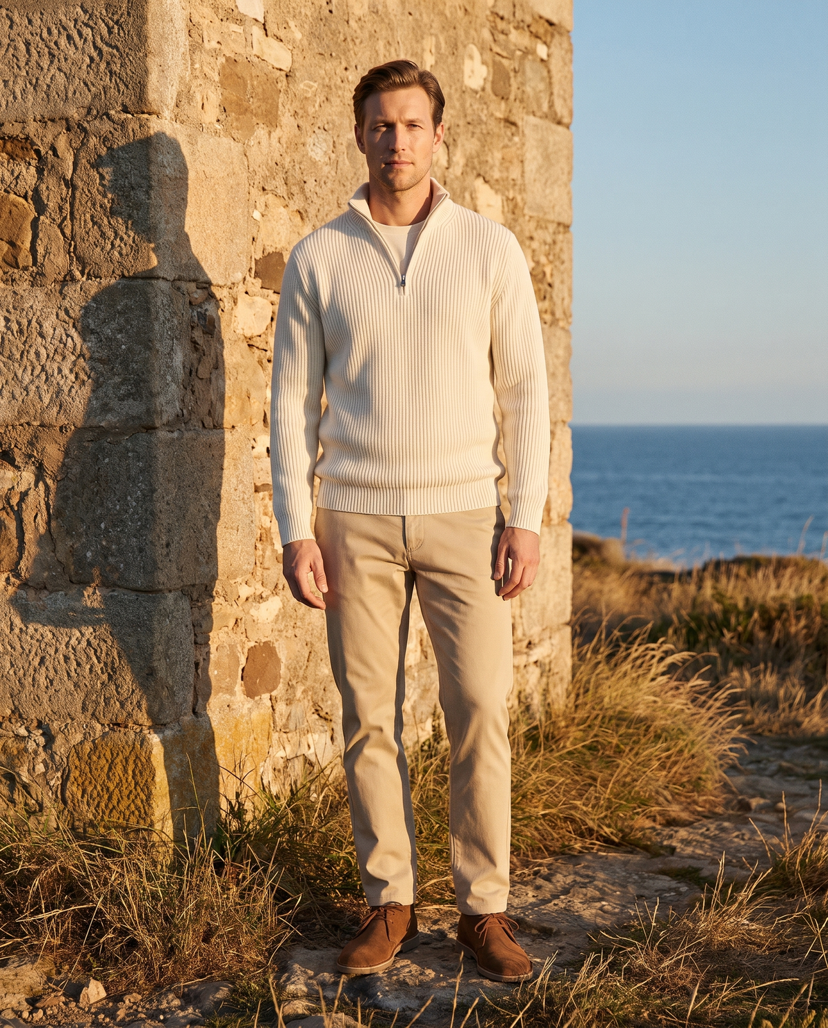 EAZEN Halfzip Polo - Off White - Model Thijs Outdoor Full Body