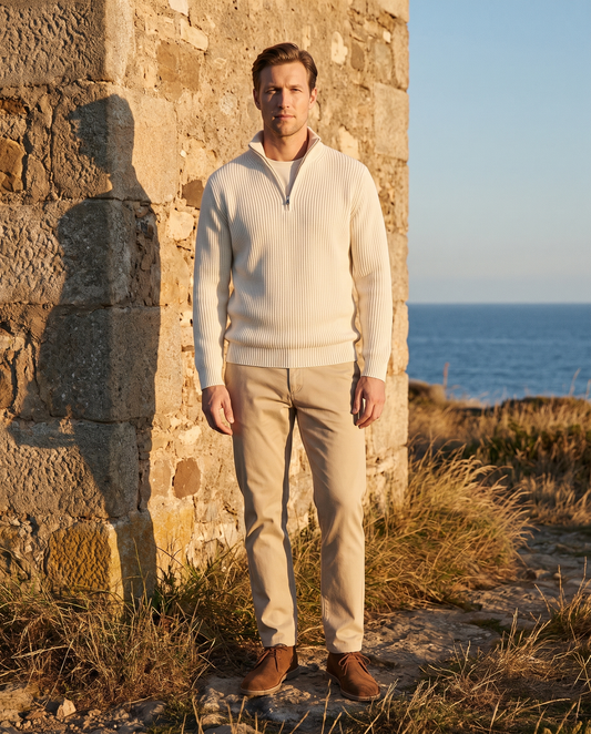 EAZEN Halfzip Polo - Off White - Model Thijs Outdoor Full Body