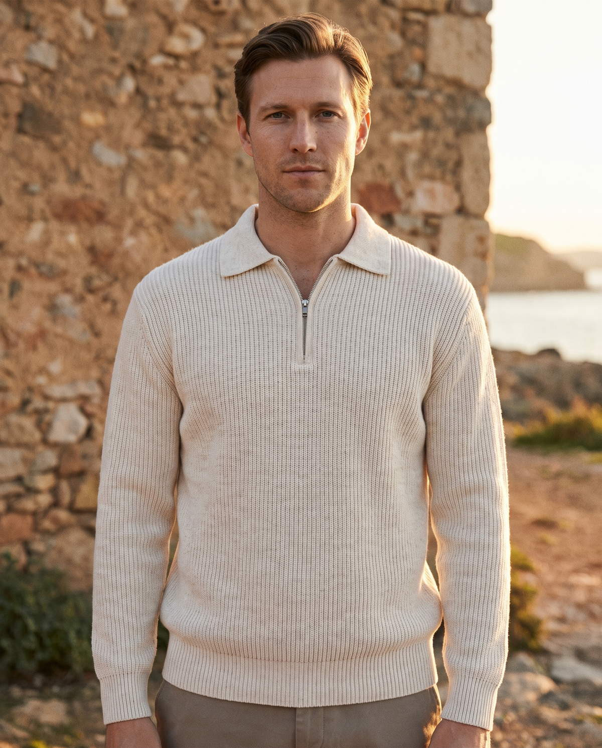 EAZEN Halfzip Polo - Off White - Model Thijs Outdoor Upper Body