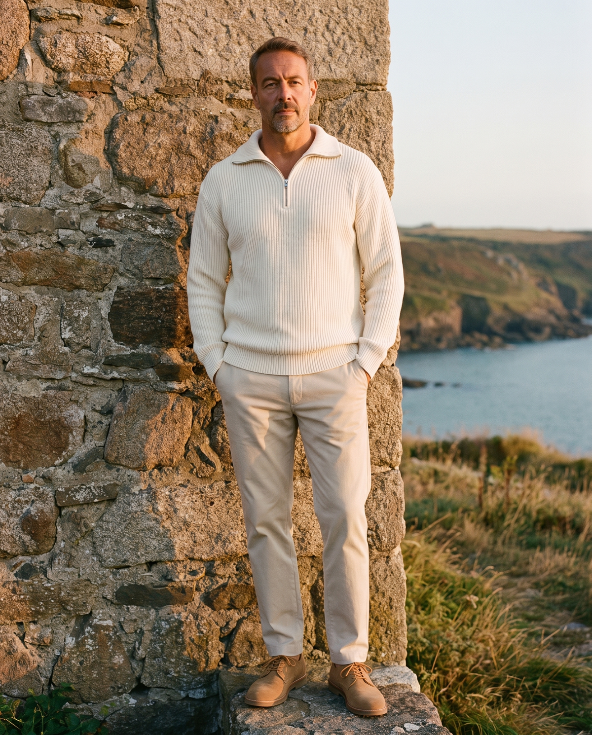 EAZEN Halfzip Polo - Off White - Model Man-1 Outdoor Full Body