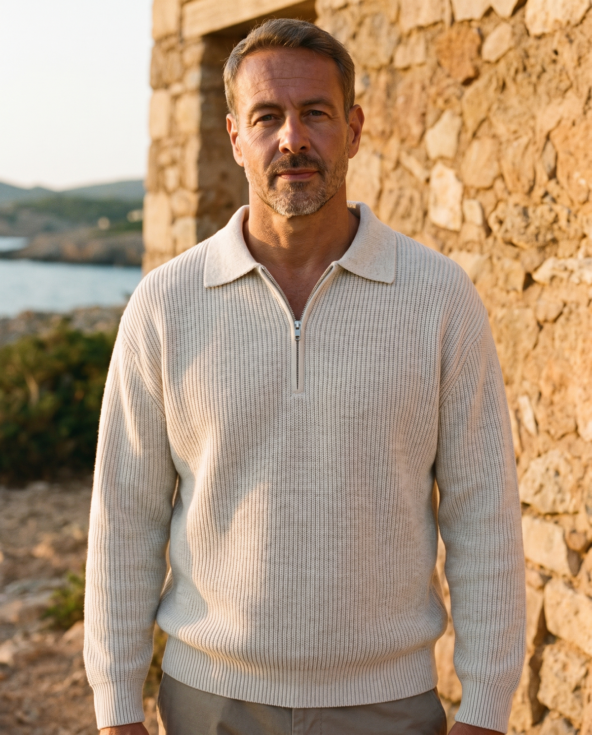 EAZEN Halfzip Polo - Off White - Model Man-1 Outdoor Upper Body