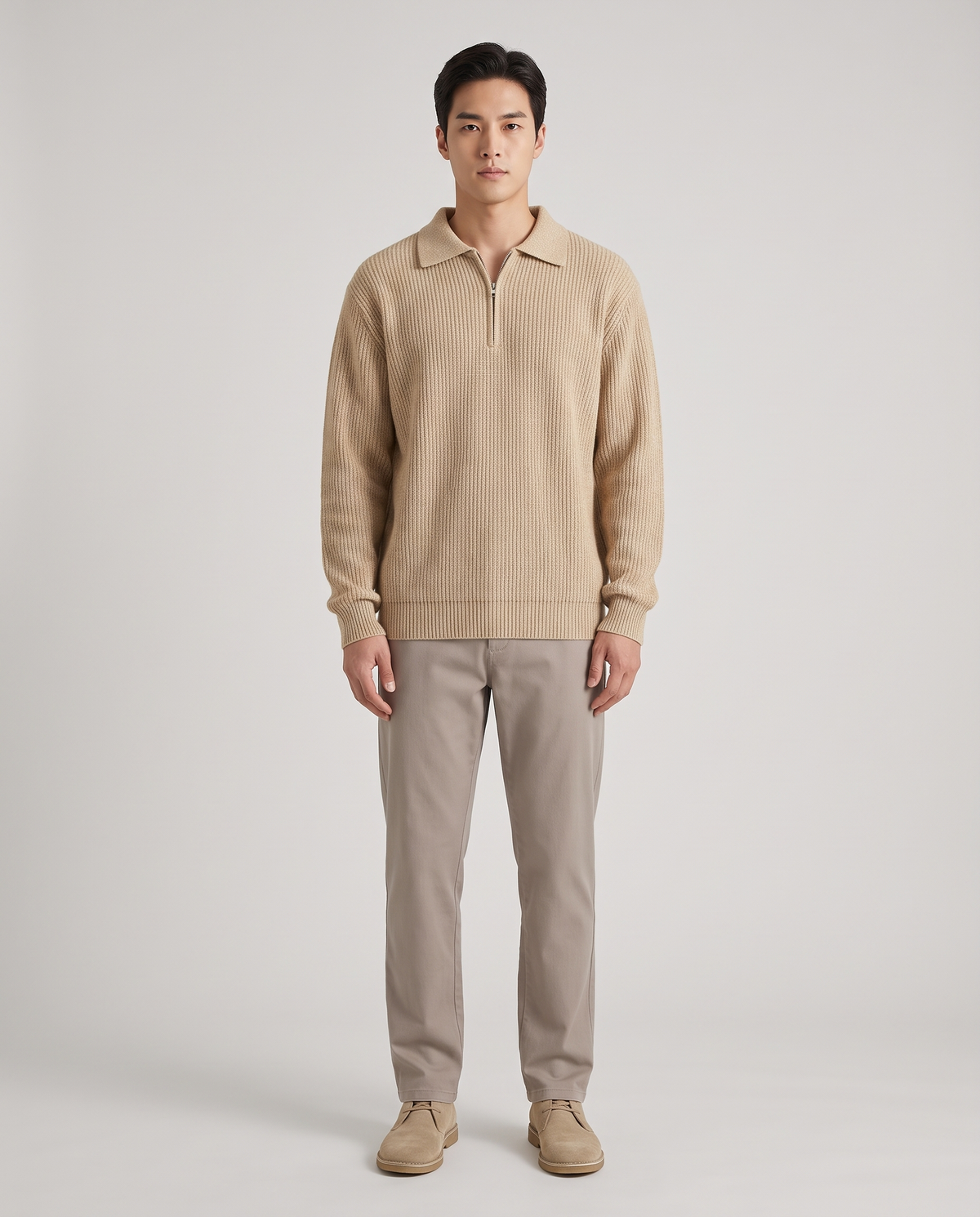 EAZEN Halfzip Polo - Sand - Model Thijs Studio Front