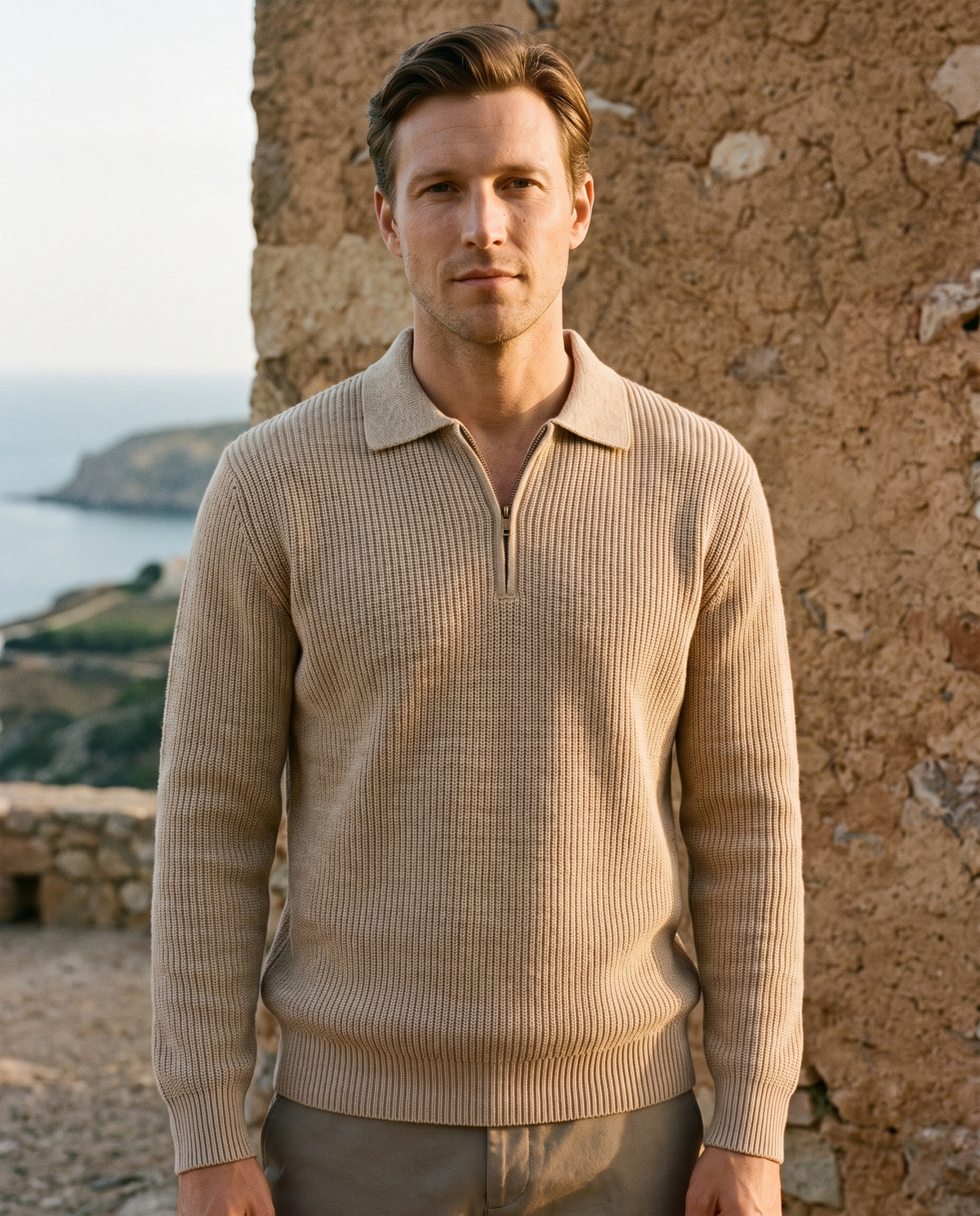 EAZEN Halfzip Polo - Sand - Model Thijs Outdoor Upper Body