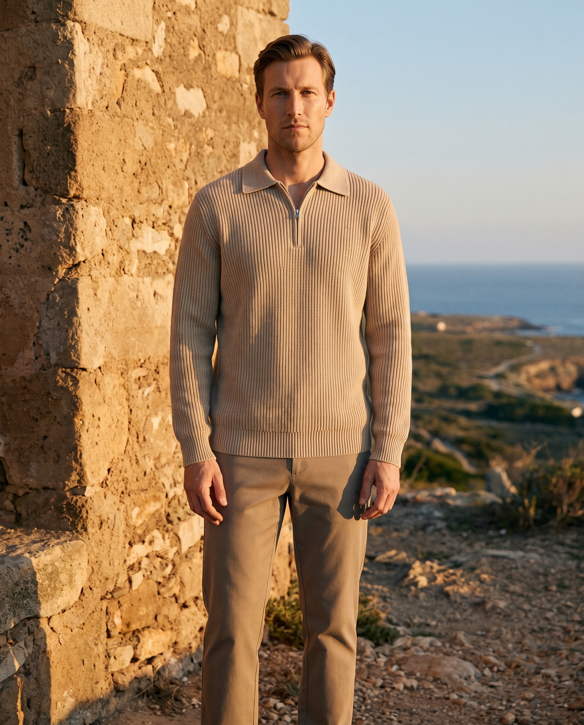 EAZEN Halfzip Polo - Sand - Model Thijs Outdoor Full Body