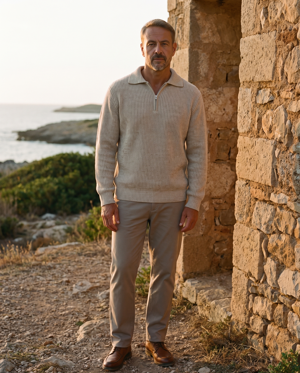 EAZEN Halfzip Polo - Sand - Model Man-1 Outdoor Full Body