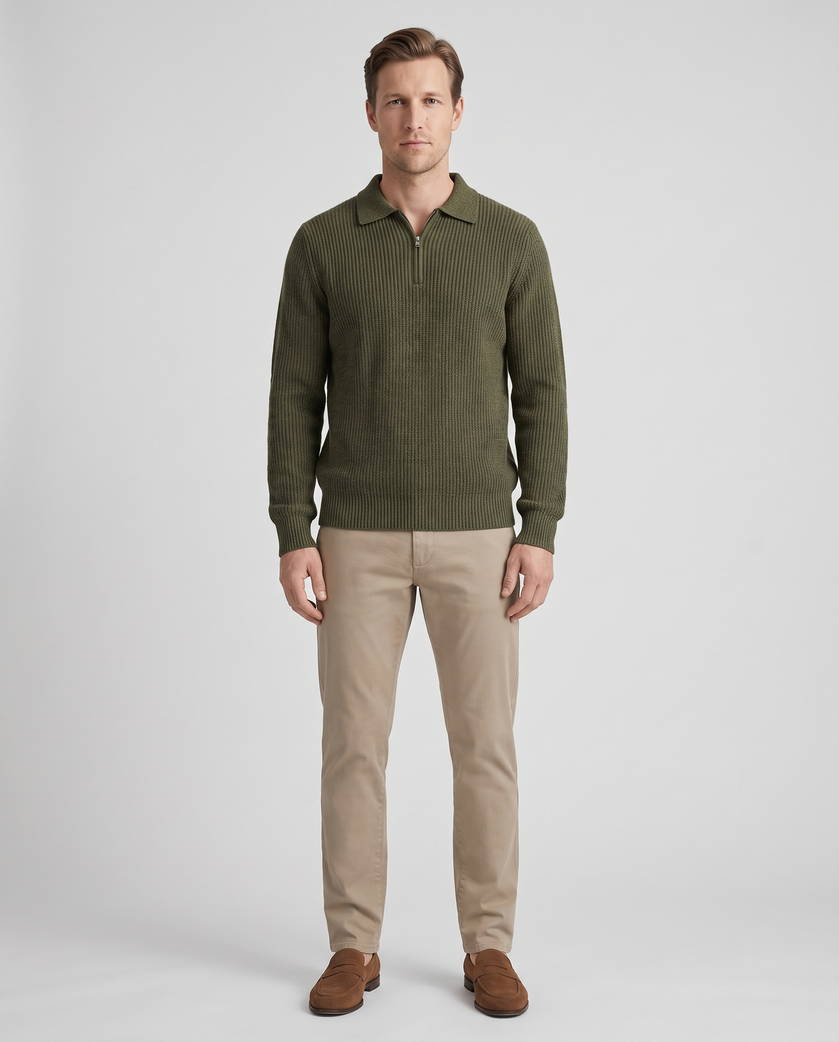 EAZEN Halfzip Polo - Olive - Model Thijs Studio Front