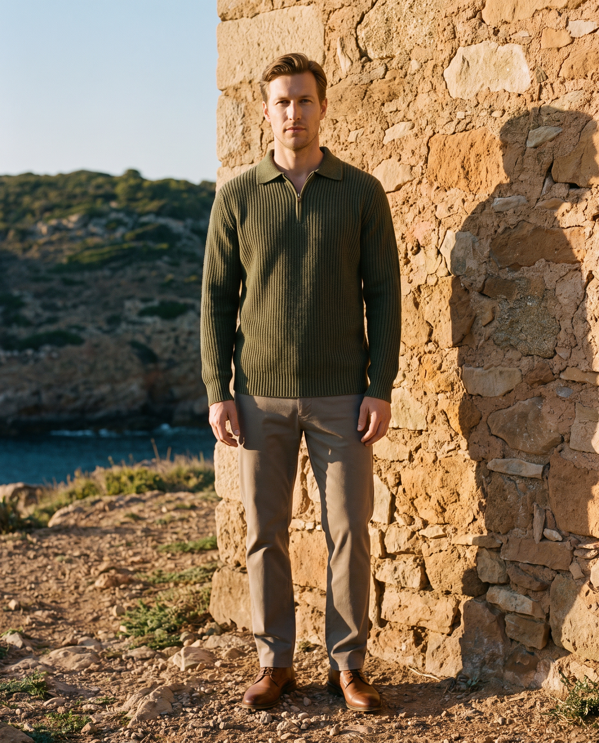 EAZEN Halfzip Polo - Olive - Model Thijs Outdoor Full Body