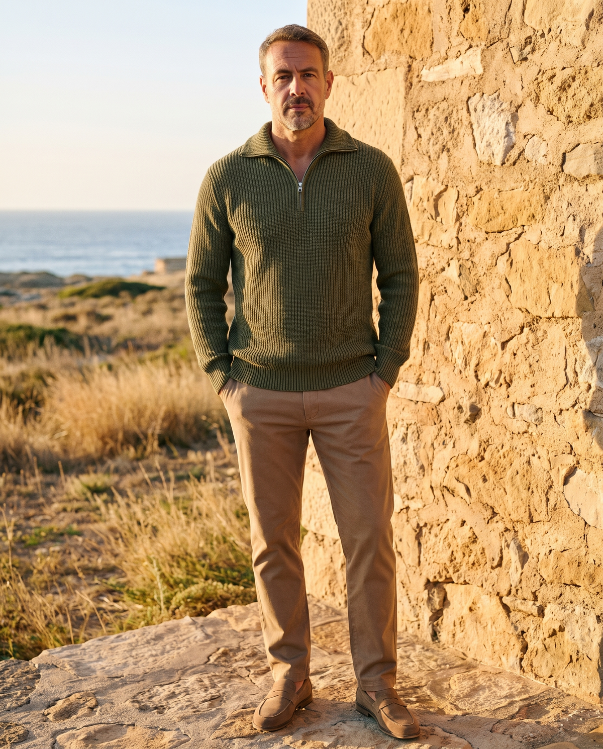 EAZEN Halfzip Polo - Olive - Model Man-1 Outdoor Full Body