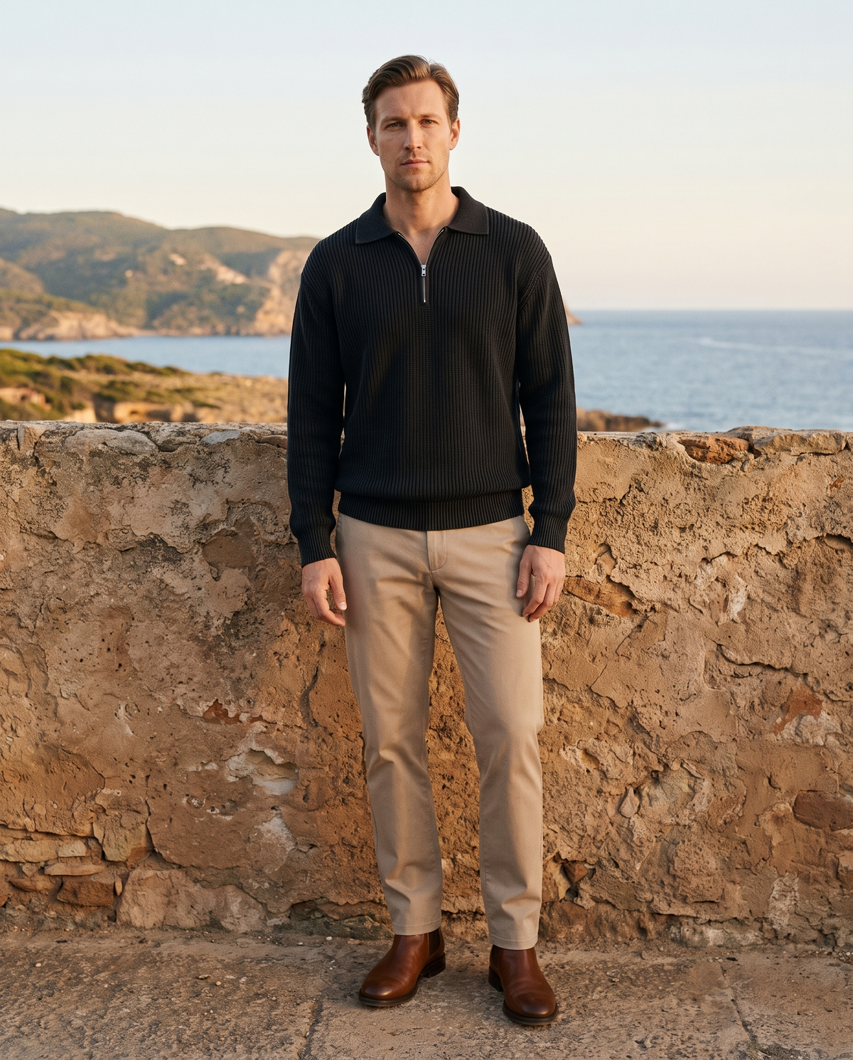 EAZEN Halfzip Polo - Washed Black - Model Thijs Outdoor Full Body