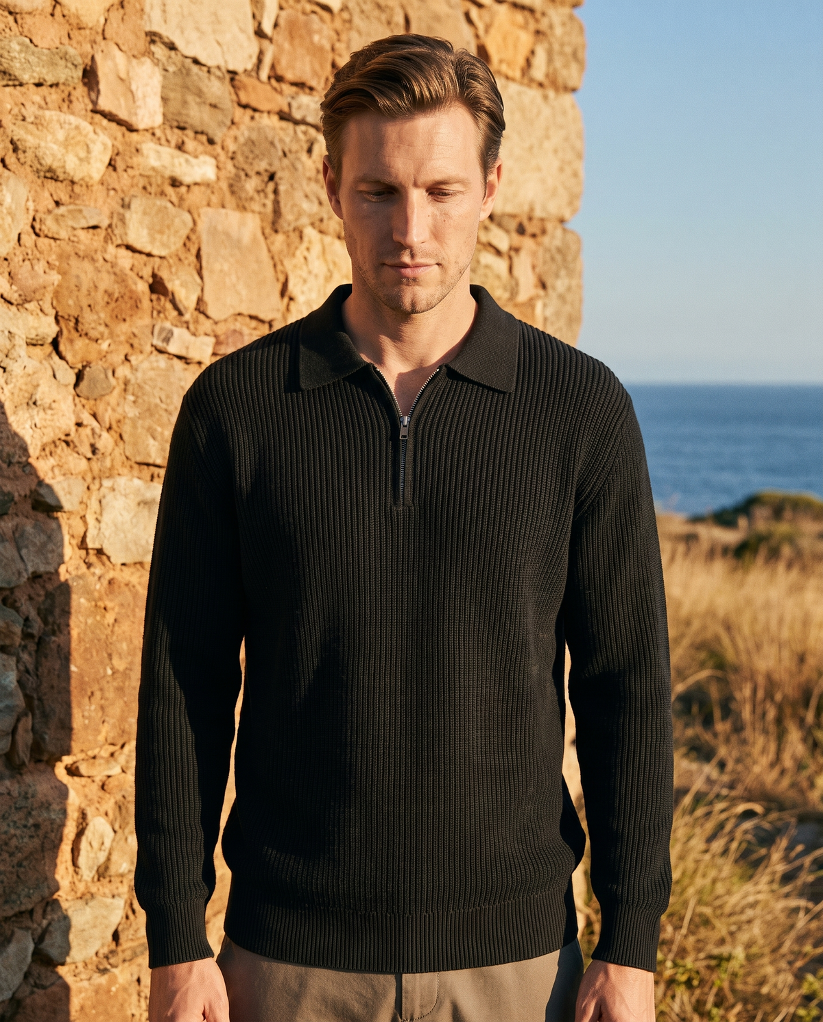 EAZEN Halfzip Polo - Washed Black - Model Thijs Outdoor Upper Body
