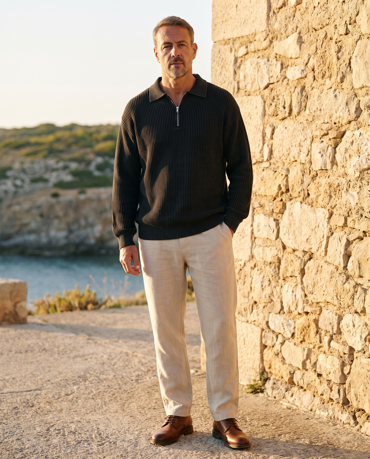 EAZEN Halfzip Polo - Washed Black - Model Man-1 Outdoor Full Body