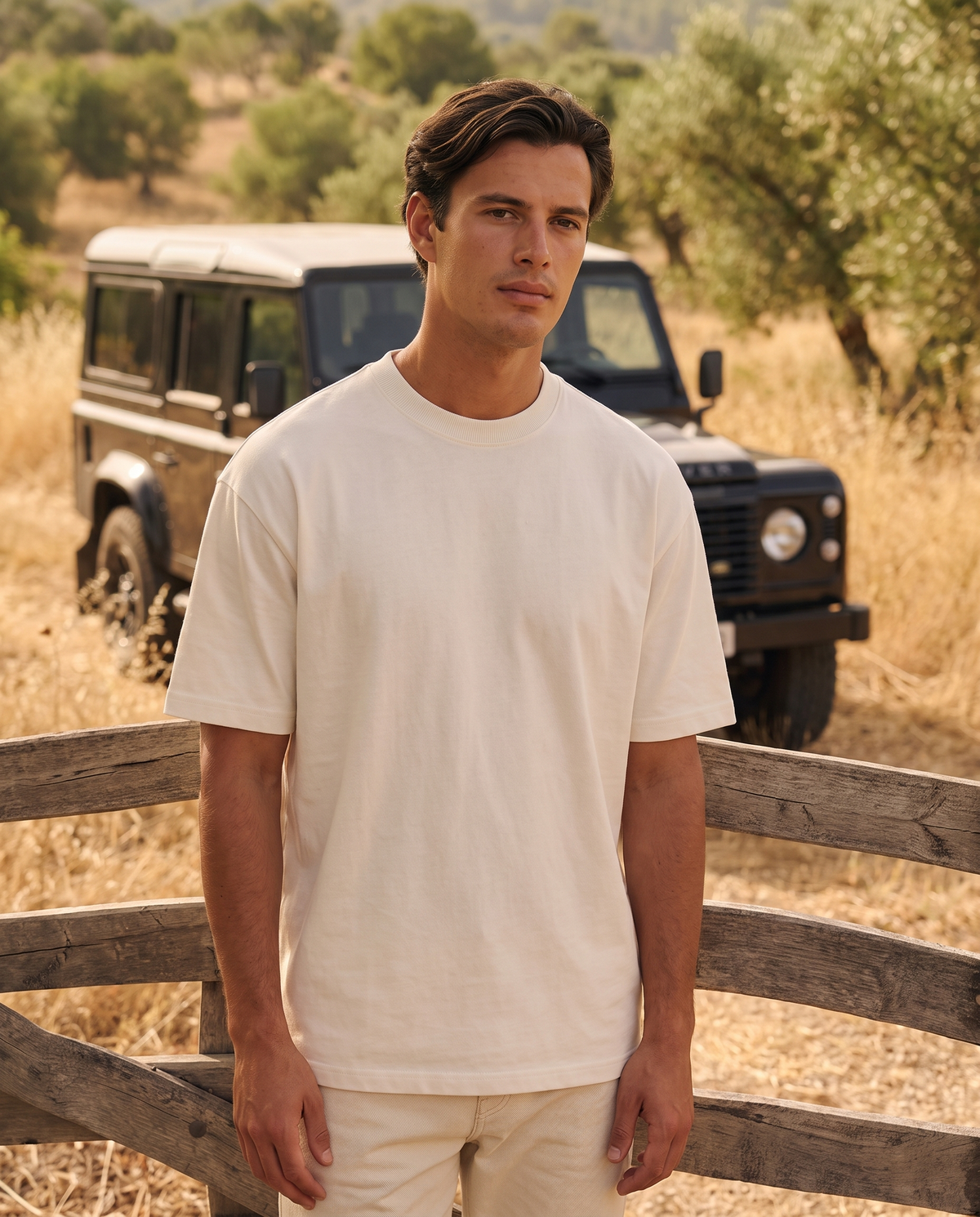 EAZEN Essential Tee – Off White – outdoor – model EAZEN-Vriend