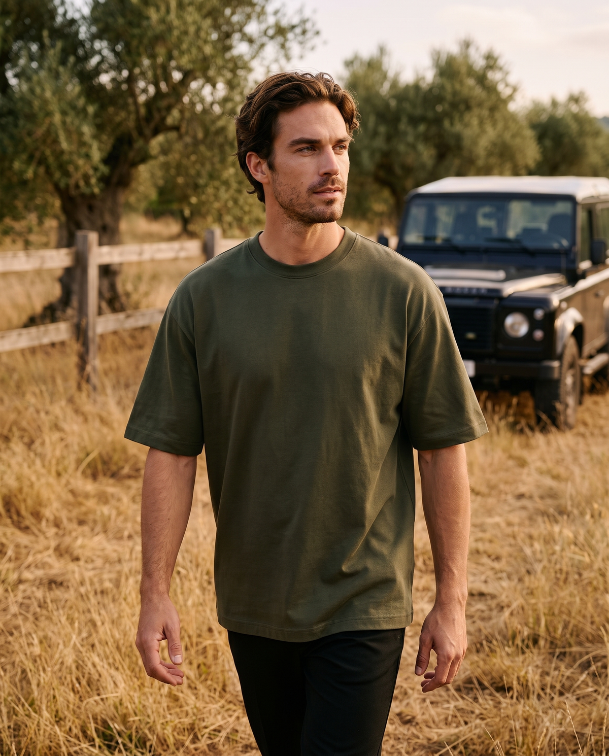 EAZEN Essential Tee – Olive – outdoor – model Thijs