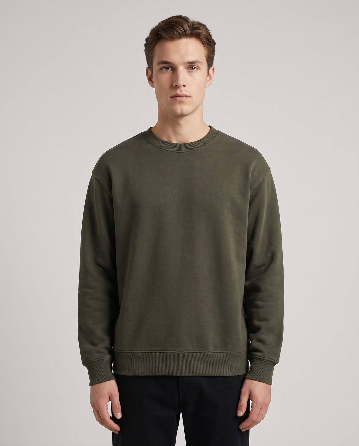 EAZEN Crewneck Sweater – Olive – studio – front